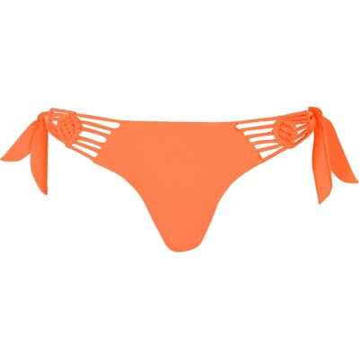 Orange macram&#233; trim string bikini bottoms